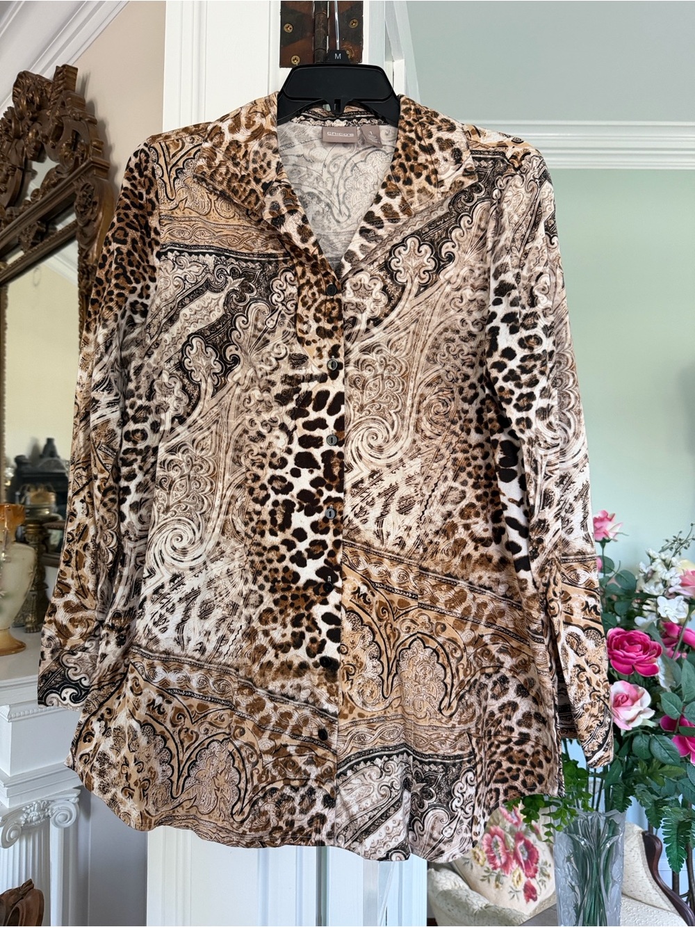 Leopard & Paisley Print Button-Front Blouse by Cato - Beige/Brown, size 1